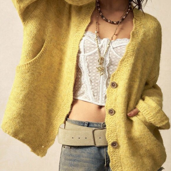 yellow Casual Women's Loose Drop Shoulder Button Front knit Cardigan - Picture 1 of 8